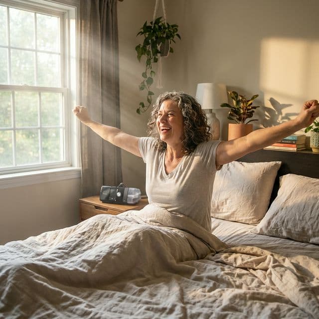 Persona despertando descansada y feliz sin apnea del sueño