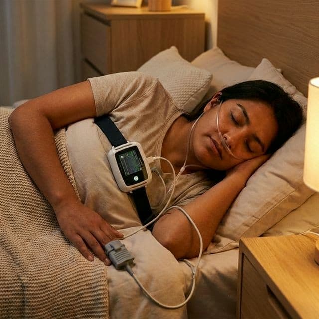 Paciente chileno realizando poligrafía con sensor de oximetría específico y cánula nasal